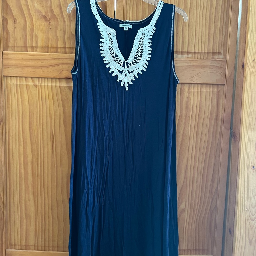 Max Studio Navy Swim Cover-Up with White Crochet Trim